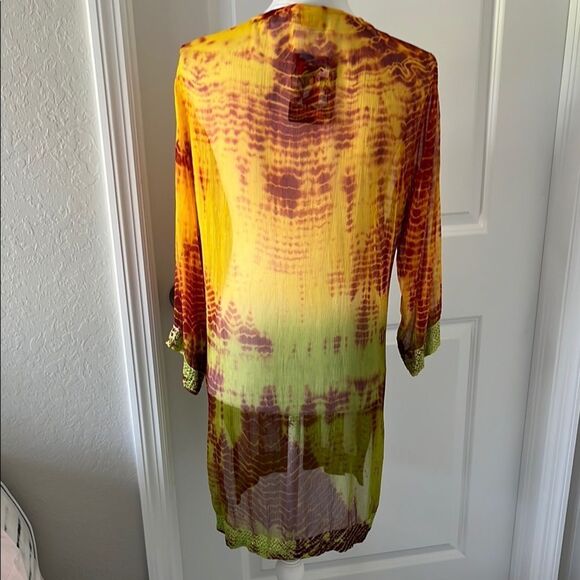 Vibrant Tie-Dye Button-Up Cardigan Duster Crochet Hems Side Slits - Picture 9 of 12
